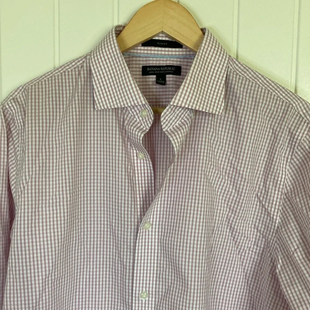 Banana Republic Mens Pink Plaid No Iron Cotton Button Up Shirt‎ Size Large Slim